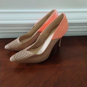 Elegant Cato Women's Tan and Coral Heels Sz-9